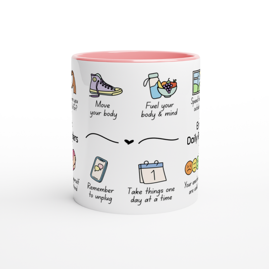 Close up of uplifting prompts on the Daily Reminders mug