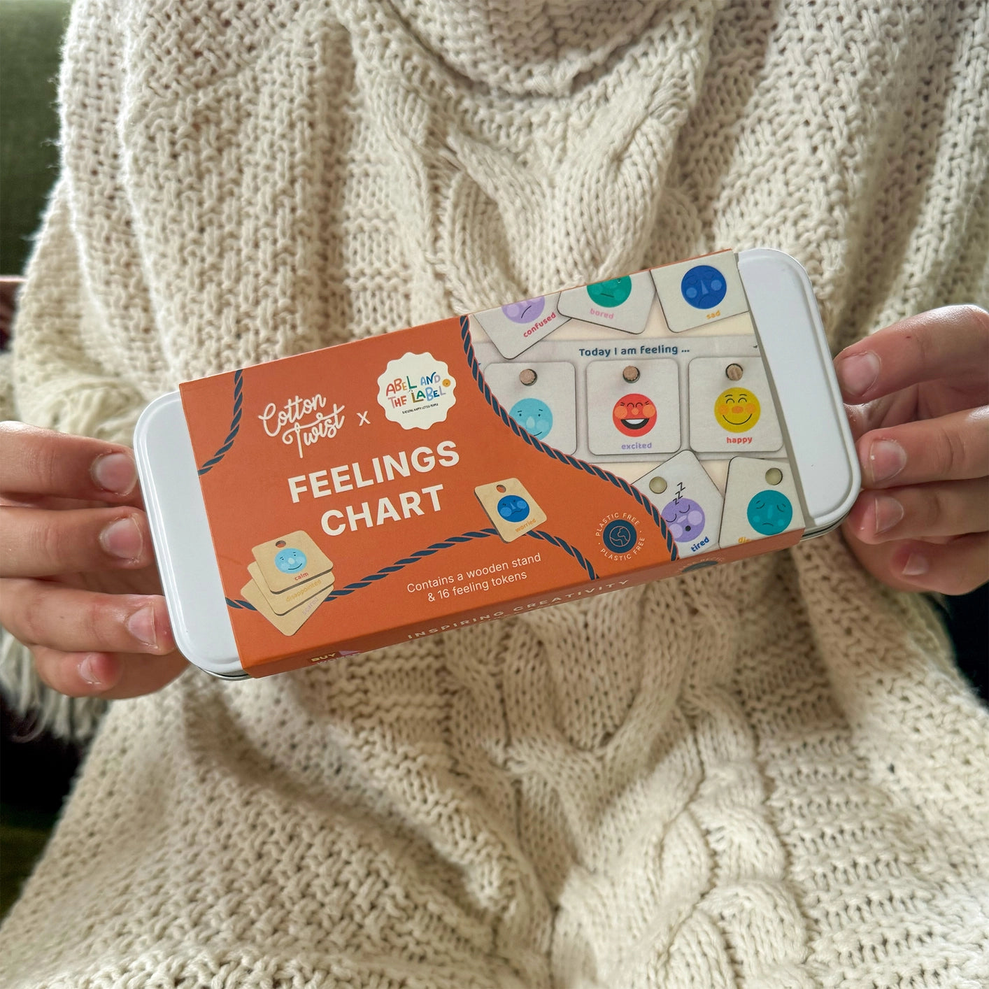 Emotional intelligence learning tool with 16 wooden feelings tokens, sustainable and plastic free