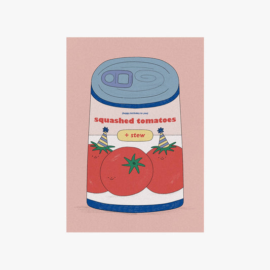 Close-up of 'Squashed Tomatoes' artwork detail on eco-friendly greetings card, showing texture of sustainably sourced 300gsm cardstock