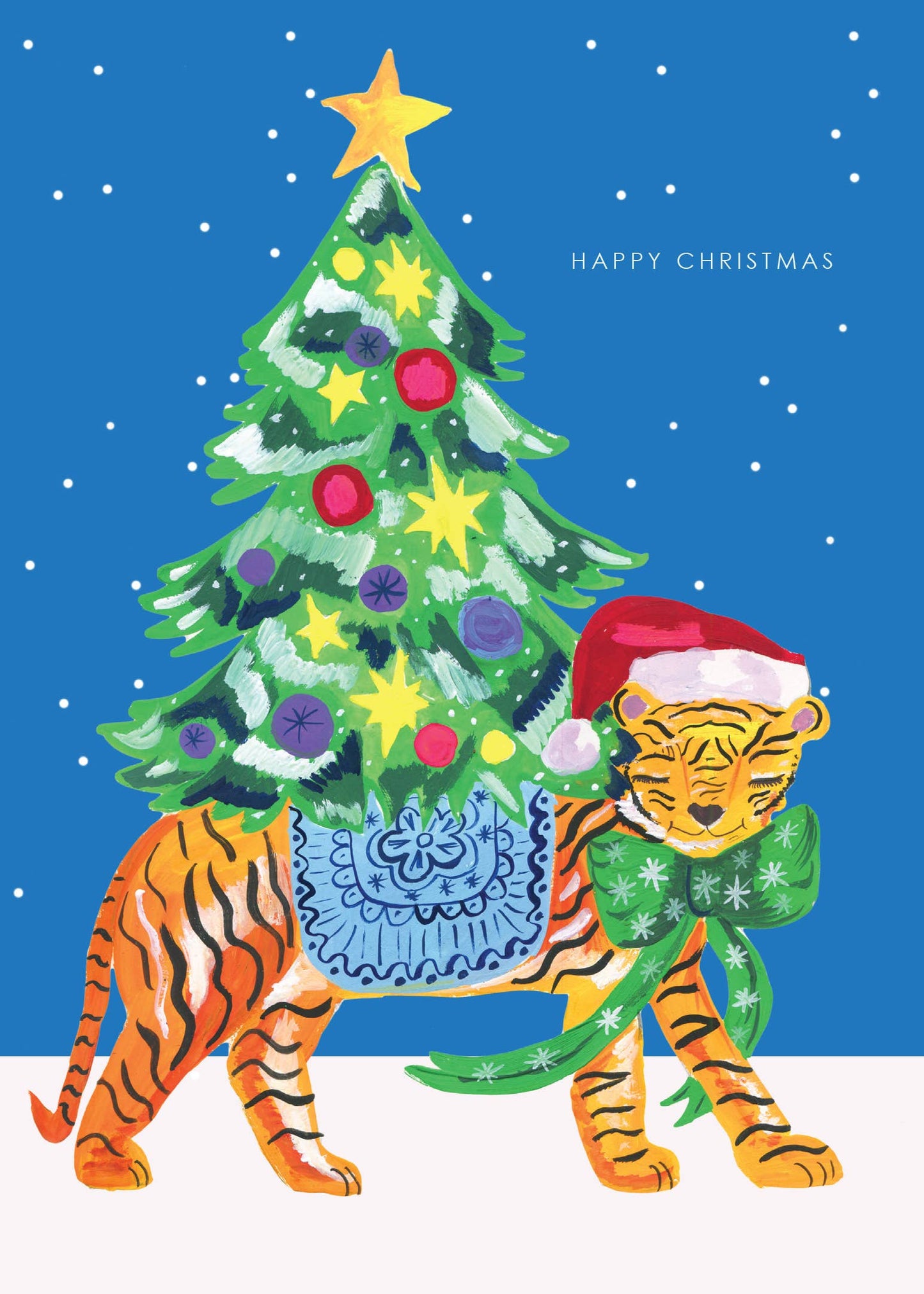 Hand-illustrated 'Tiger in Snow' Christmas card with festive tiger and decorated tree, 5x7”, red envelope, UK made, sustainable.
