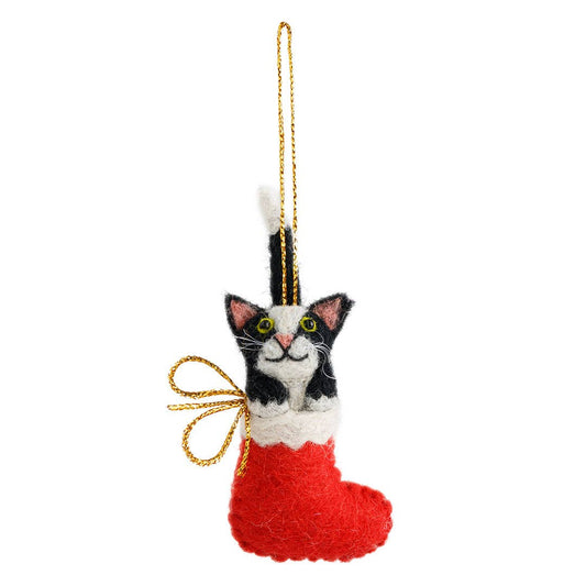 Handmade Clarence Cat Christmas decoration crafted with organic wool, detailed needle felting, eco friendly décor.