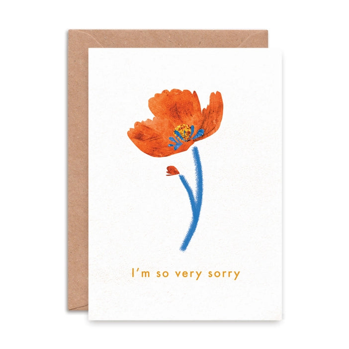 'I'm So Very Sorry' sympathy card featuring a colourful illustration of a single red poppy, with a brown recycled kraft envelope.