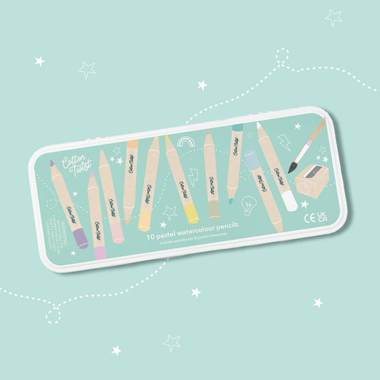 Cotton Twist Pastel Watercolour Pencils Set open tin with pencils, paintbrush, and sharpener.