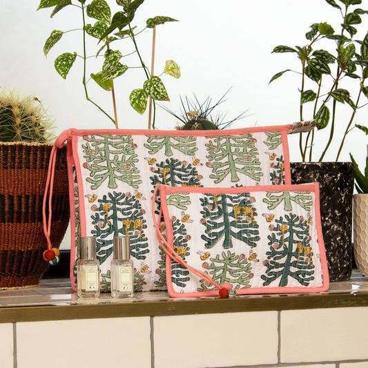 Indian block printed cotton pouch in Monkey Puzzle design, handmade in Jaipur using natural dyes and traditional techniques. Available in medium and large sizes.