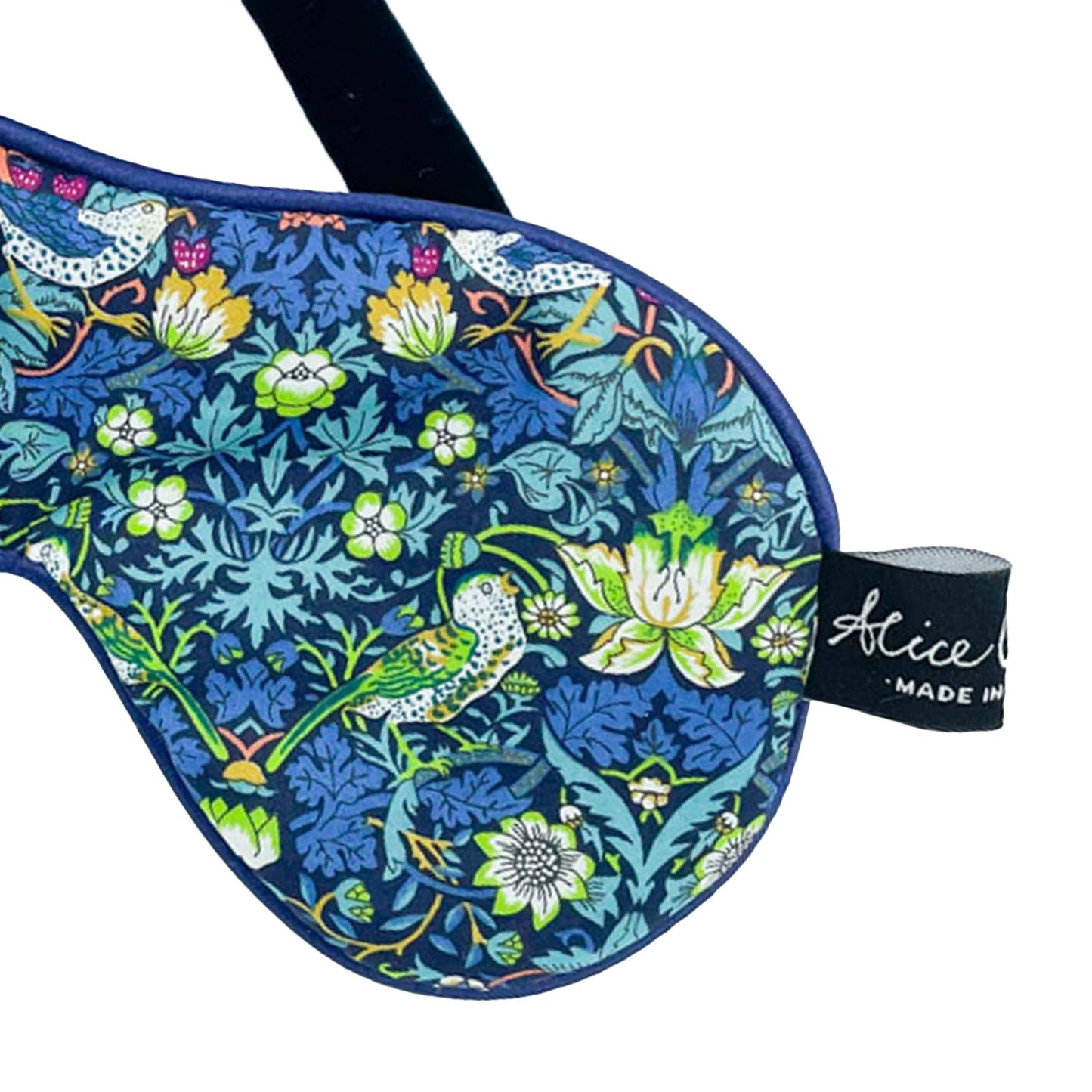 Liberty Eye Mask Strawberry Thief Songbird with navy velvet lining and satin piping by Alice Caroline