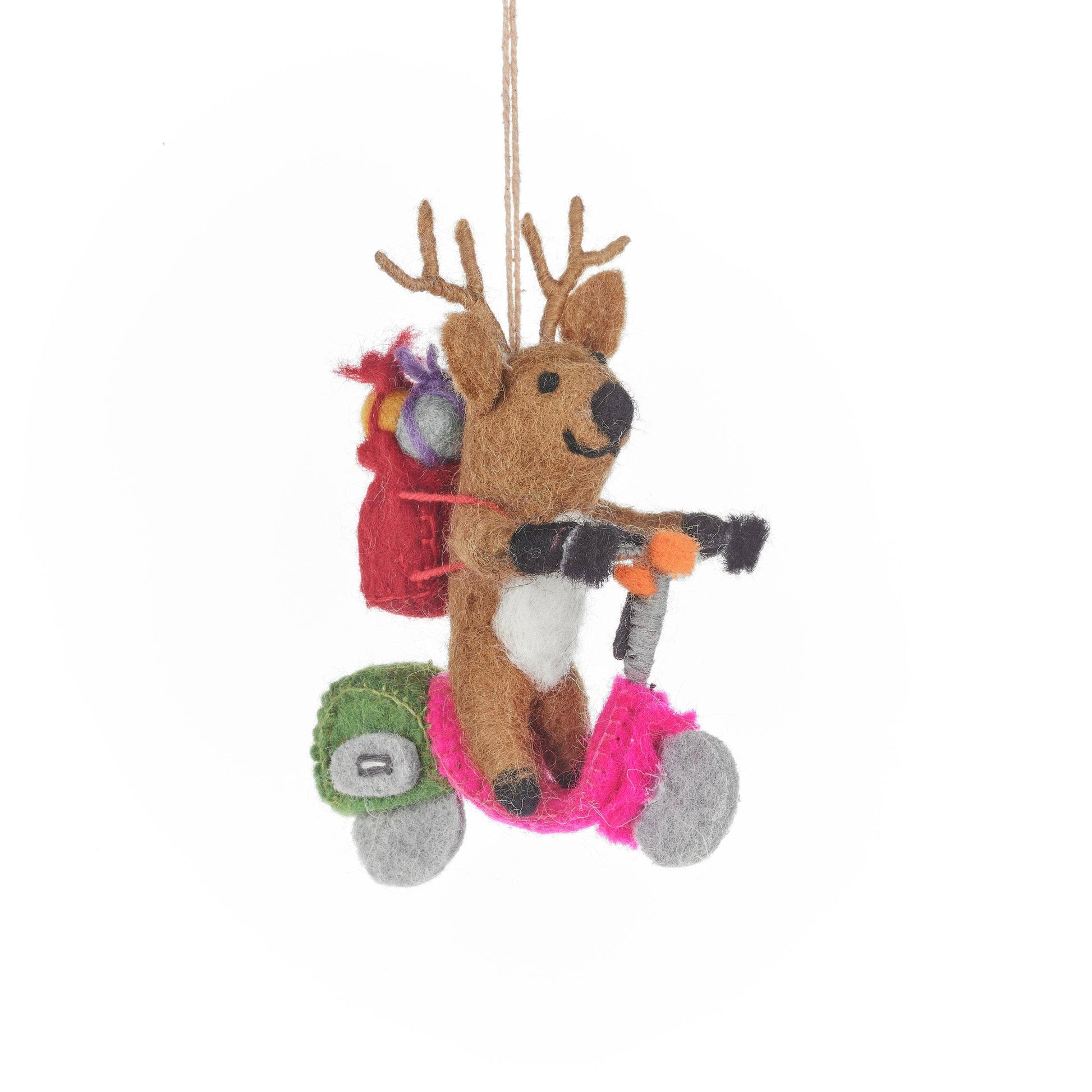 Handmade felt Comet the Reindeer Christmas decoration by Felt So Good, sustainable wool with adjustable wire antlers and red felted sack, fair trade and plastic-free
