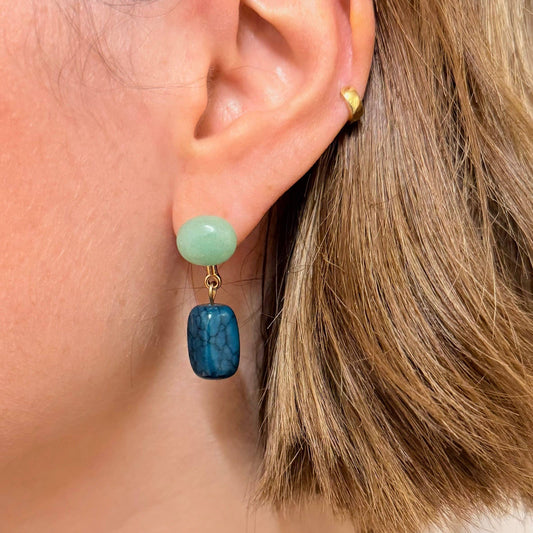 Natural blue and green stone drop earrings on stud fittings