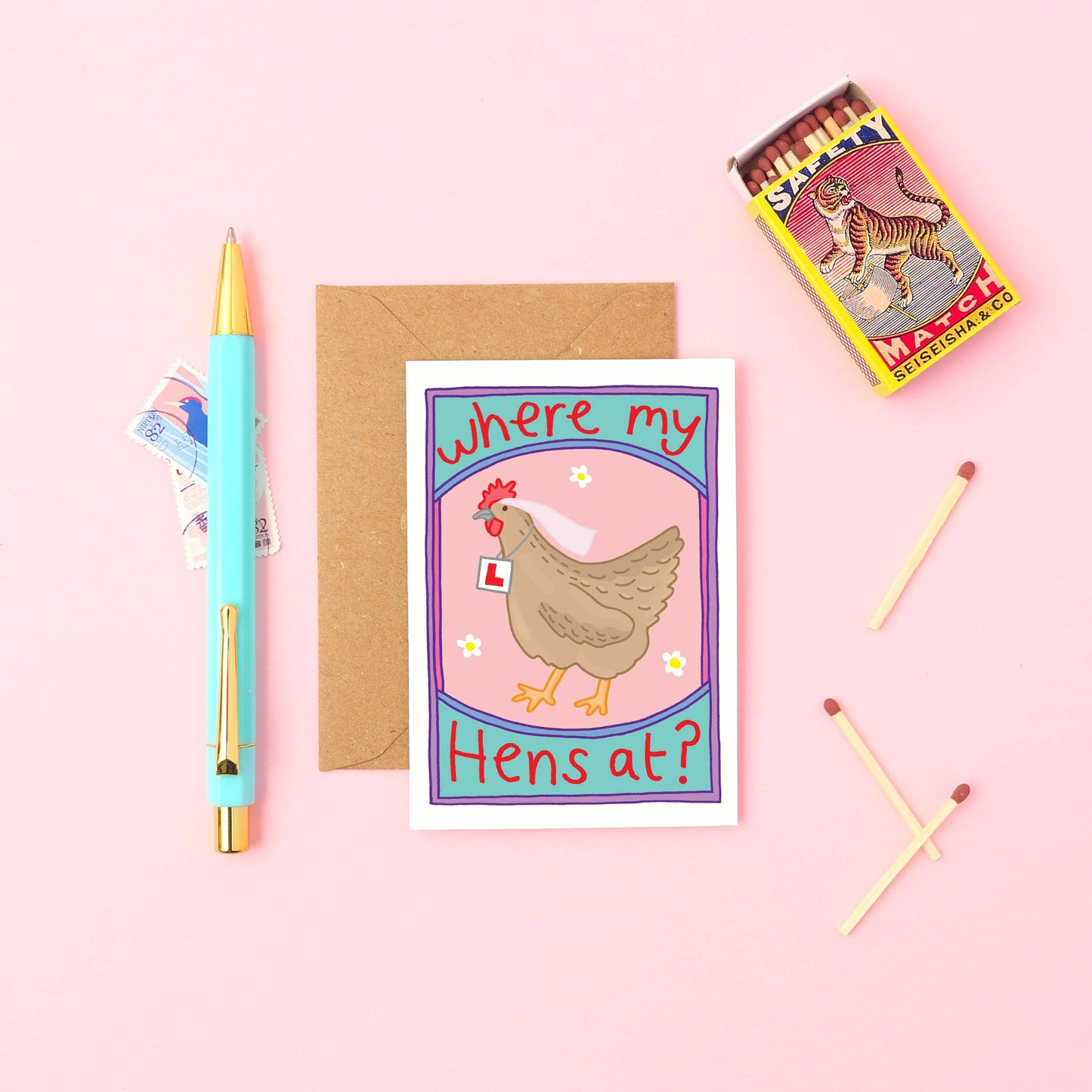 Hand-drawn hen do greeting card with hen in ‘L’ plates and “Where my hens at” text; mini A7 size, sustainable UK card with Kraft envelope.