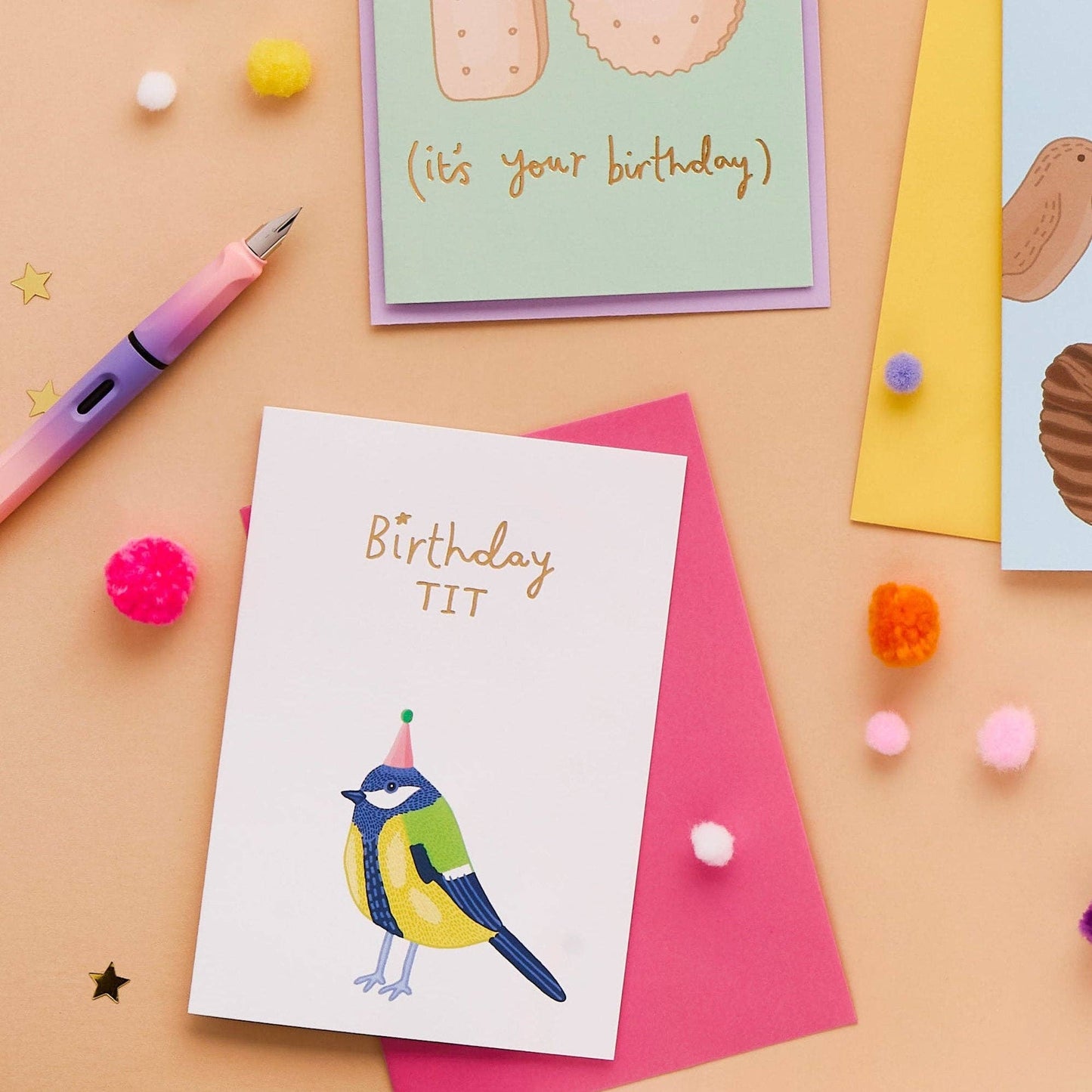 Birthday Tit card shown with sustainably sourced pink envelope