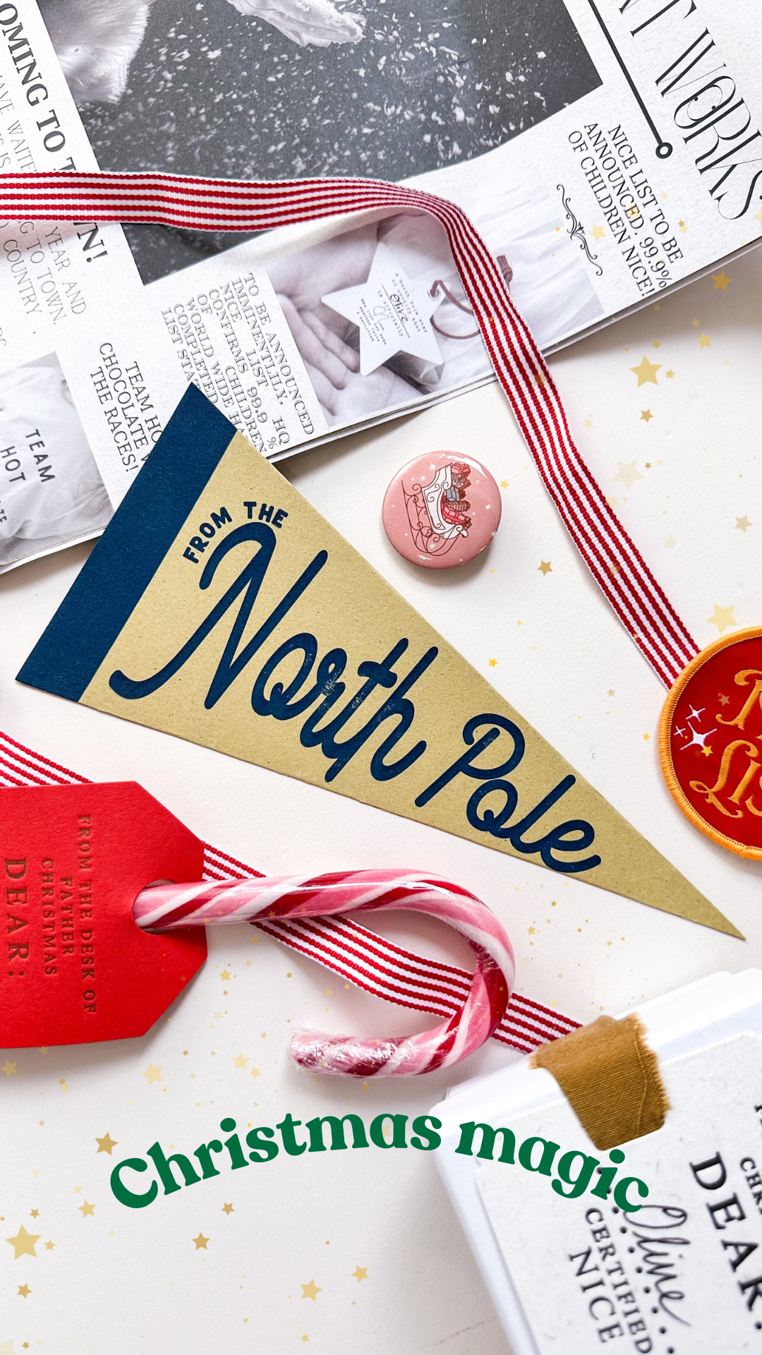 Letterpress “From the North Pole” pennant card by Soch & Co., blank reverse for message, airmail envelope, biodegradable cello.