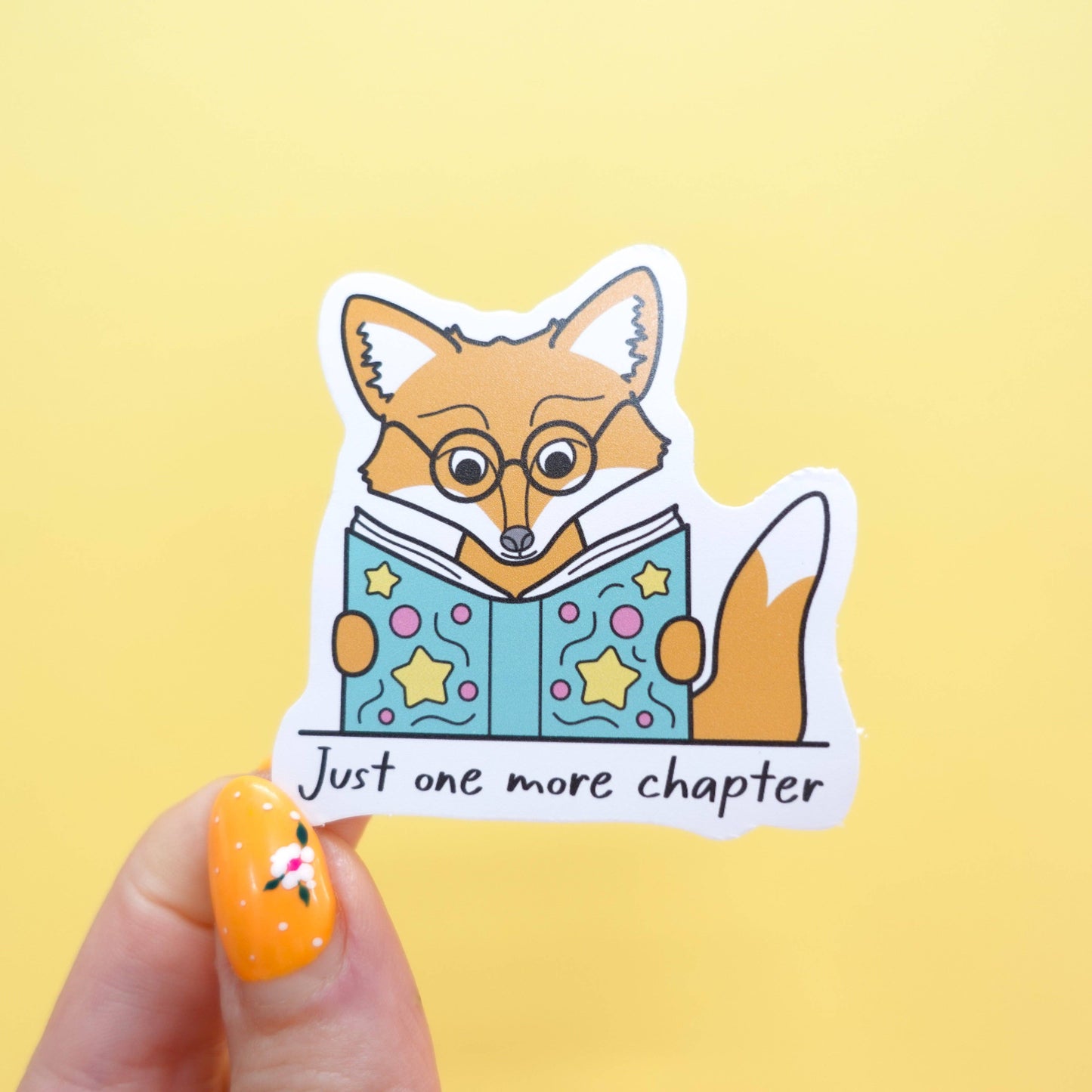 Sunshine Lane Just One More Chapter Maple Sticker, funny fox reading, waterproof matte vinyl, 5.5cm square.