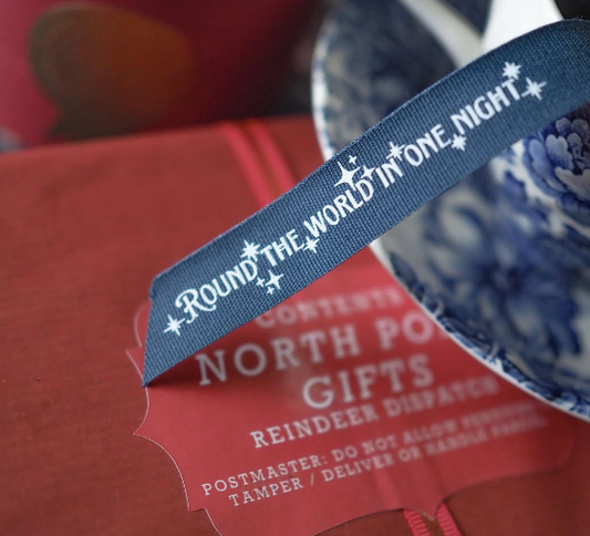 Blue Round the World in One Night Christmas ribbon by Soch & Co.—2 meter festive ribbon on backing card for gift wrap and craft.