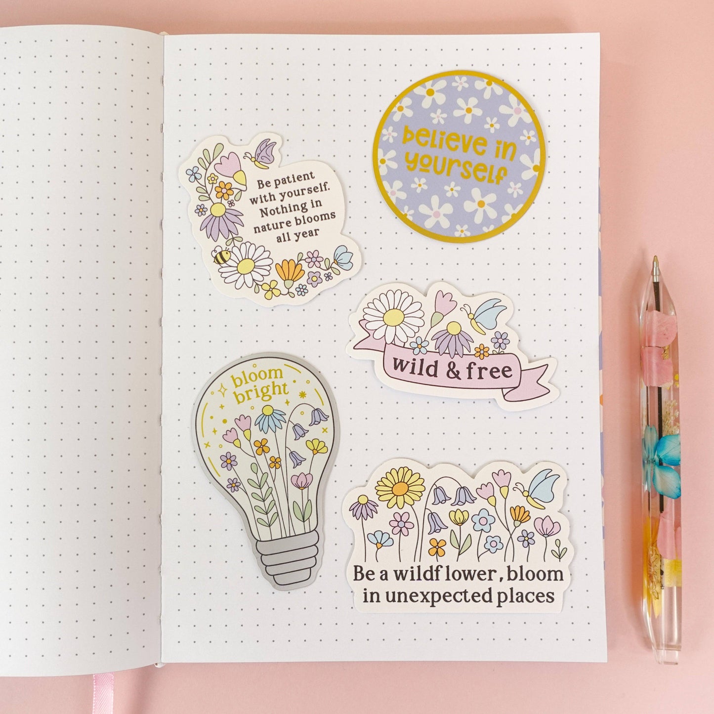 Close up of Be a Wildflower floral illustration sticker