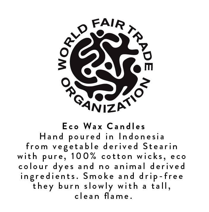 World Fair Trade Organization logo with text about eco wax candles made in Indonesia.