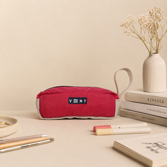 Side profile of sustainable raspberry pink recycled pencil case