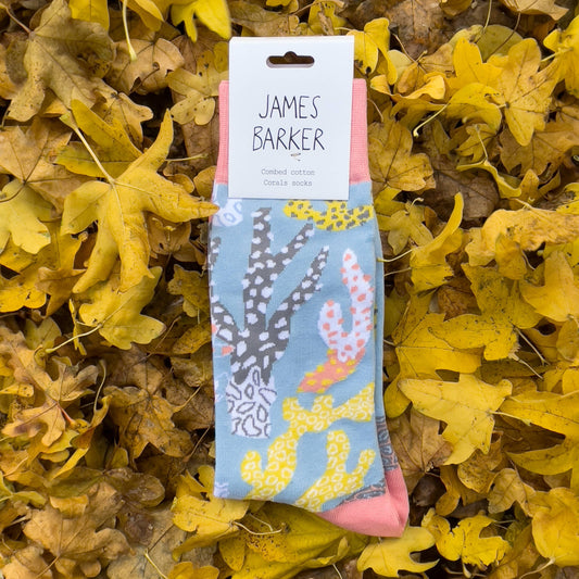 Close-up of James Barker Coral Cotton Socks, hand-illustrated pattern