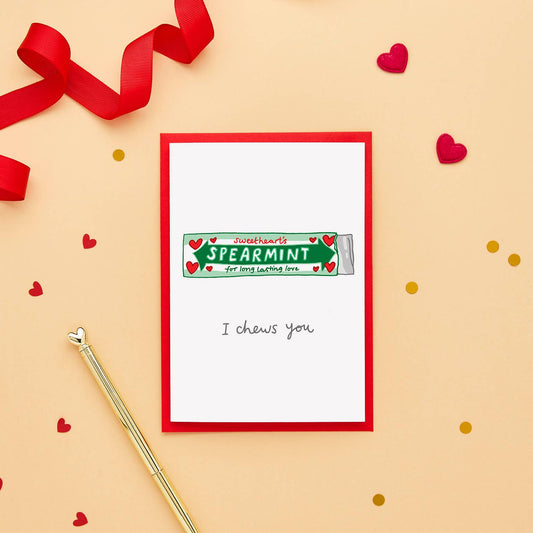 Sustainably sourced I Chews You greeting card with recycled Kraft envelope