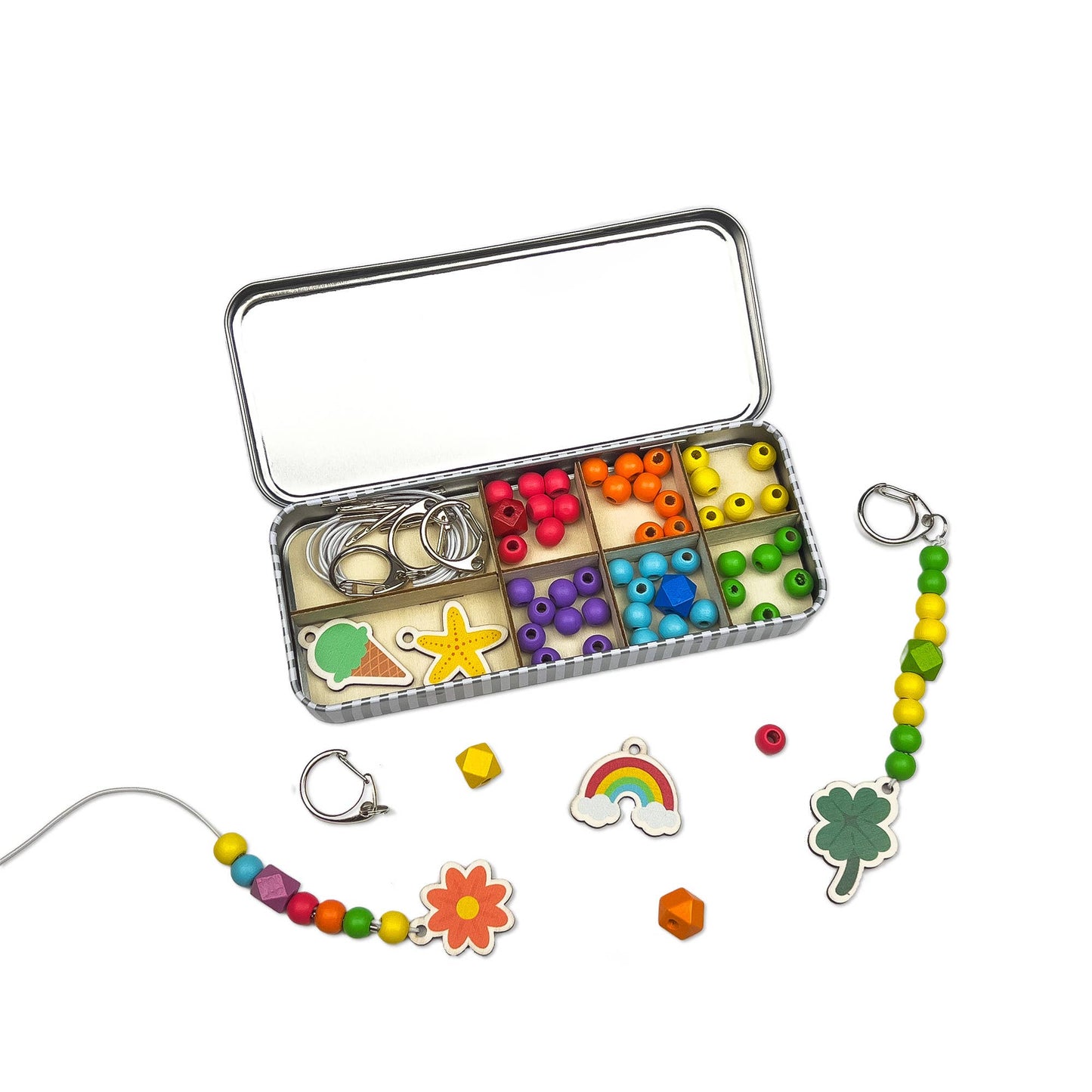 The Lucky Dip Keyring making kit is a wonderful plastic free activity. It offers a selection of wooden fobs to include a clover, flower, starfish, ice cream & a rainbow, allowing children to create 5 keyrings. The kit also comes with rainbow coloured spacer & geometric beads to complement the showpiece beads for vibrant accessories!