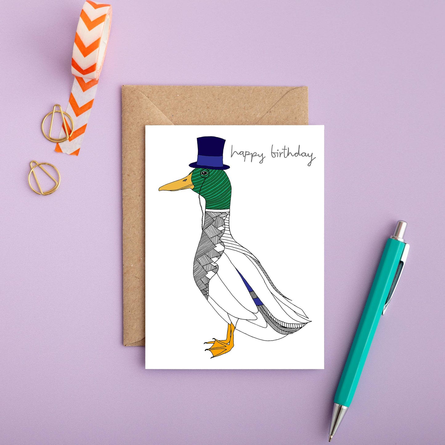 This charming birthday card, showcasing a dapper duck, is all set to kick off the celebrations in style. Featuring a hand-drawn illustration of a mallard duck sporting a top hat and an eye monocle, it’s the perfect way to send a sophisticated 'happy birthday' greeting.