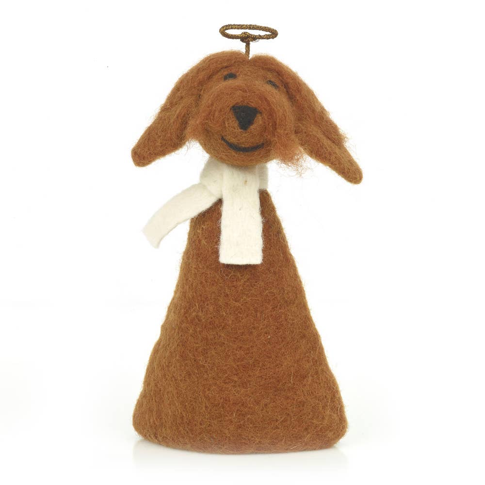 Handmade felt Sahara Dog Christmas tree topper by Felt So Good, eco-friendly cockapoo design with golden halo, crafted from sustainable wool using needle felting
