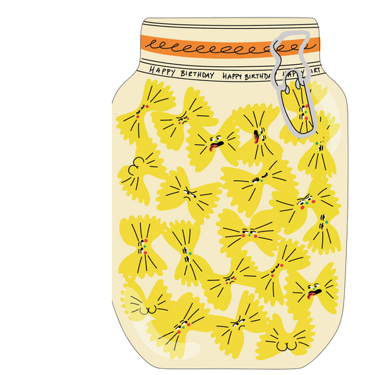 Close-up of pasta jar card with 'Happy Birthday' text and pasta shapes