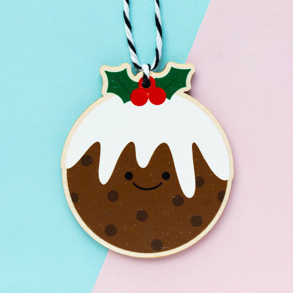 Wooden Christmas pudding Christmas tree decoration made from sustainably certified birch plywood with natural uncoated finish and black & white bakers twine, by Jeff and The Squirrel