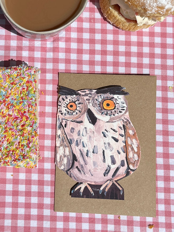 Close-up of Laura Skillbeck Owl Card, showcasing recycled card texture and plastic-free packaging