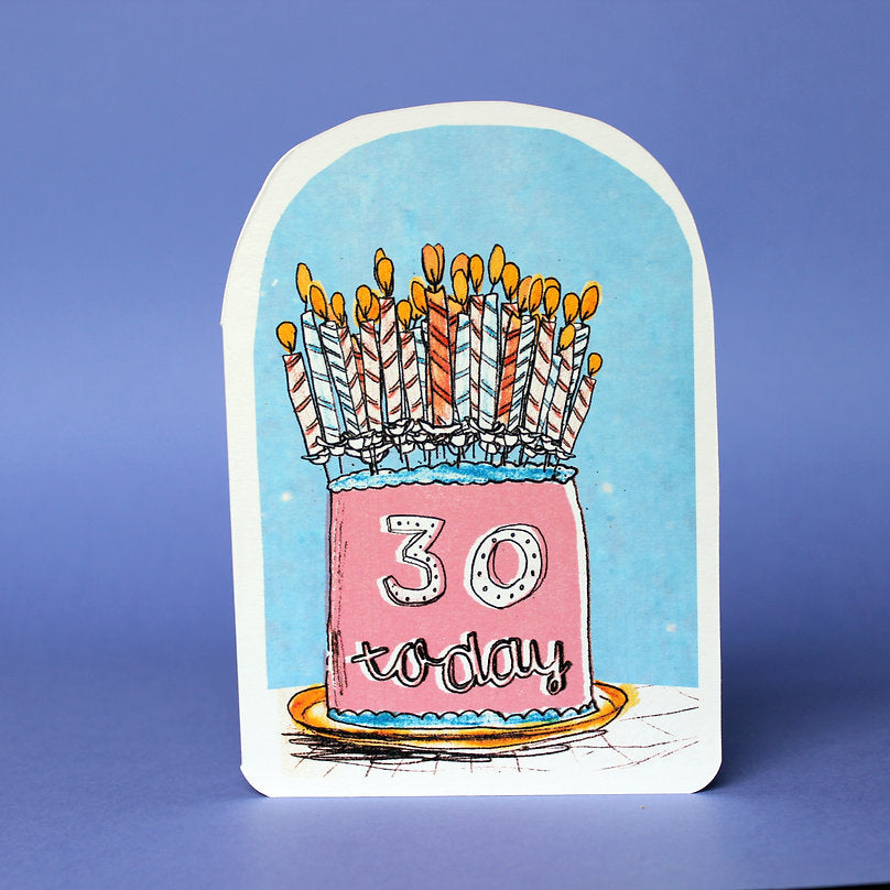 Illustrated 30th birthday card with whimsical birthday cake design by Laura Skillbeck, printed on high-quality recycled card with eco-friendly packaging