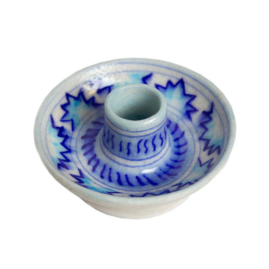 Artisan-crafted Royal Blue candlestick holder from Jaipur, India, showcasing unique pattern.