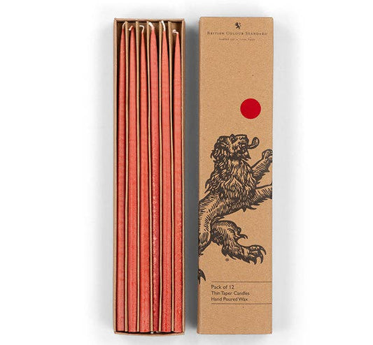 British Colour Standard Thin Taper Candles Guardsman Red, 25cm tall, eco-friendly, fair trade, drip-free, slender candles pack of 12.