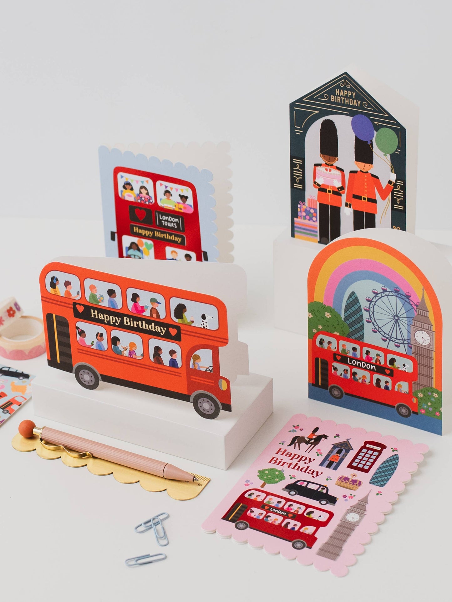 Collection of London-themed Mifkins greeting cards on a white background