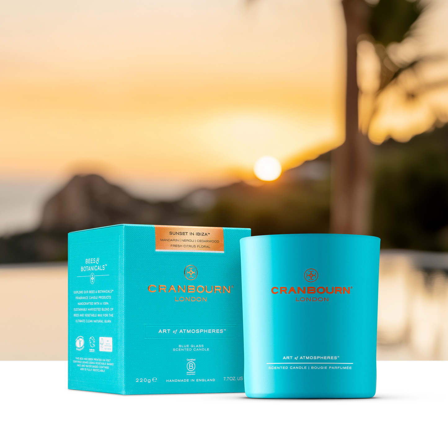 Sunset in Ibiza™ has citrus top notes, including mandarin, blood orange and bergamot with a heart of neroli and jasmine, resting on a base of cedarwood. A hedonistic citrus scent evoking a long summer’s evening and reminiscent of the iconic Balearic island. Scented Candle made with Essential Oils/ Sustainable Natural Vegetable & Bees Wax Blend.
Handmade in the UK. Blue handmade glass vessel.