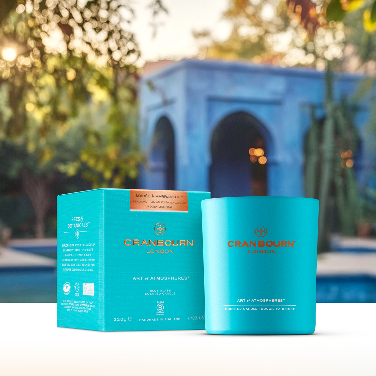Soirée à Marrakech™, a woody oriental scent with dry spices and earthy tones, reflects Marrakech's richness. Top notes of bergamot, freshly grated nutmeg and carrot seed, leading to a heart of jasmine and cyclamen, supported by sandalwood, patchouli and an amber base. Handmade in the UK. Blue glass vessel.
