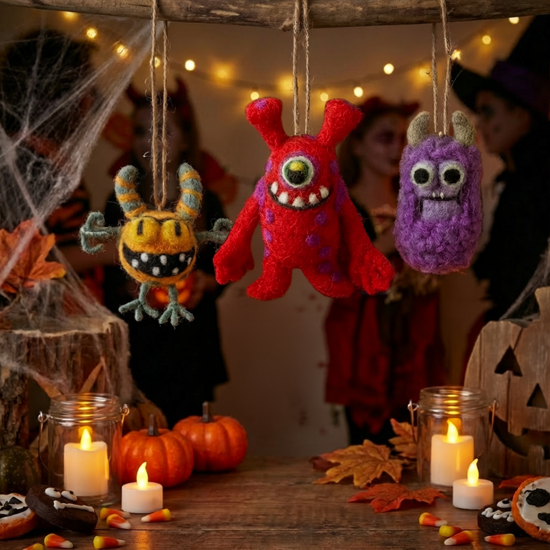 Forget Me Not and Green handmade felt moody monsters
