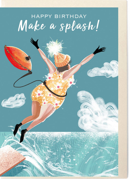 Close up of hand drawn wild swimmer illustration on eco birthday card