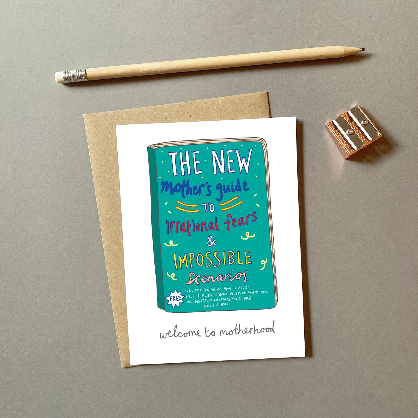 Close-up of sustainably sourced greeting card with Kraft envelope, showing blank inside