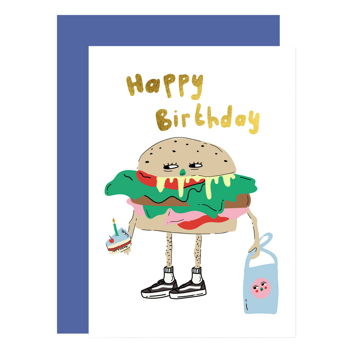Burger dude birthday card with gold foil finish and kraft envelope