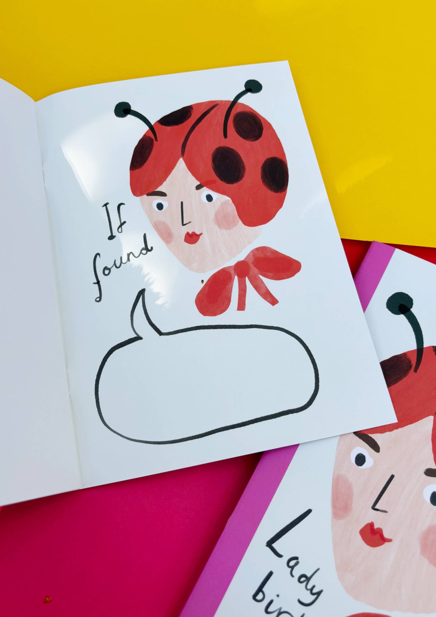 If found page, with a speech bubble to fill out the owner of the notebook's name. Featuring the same illustration as on the front of the notebook.