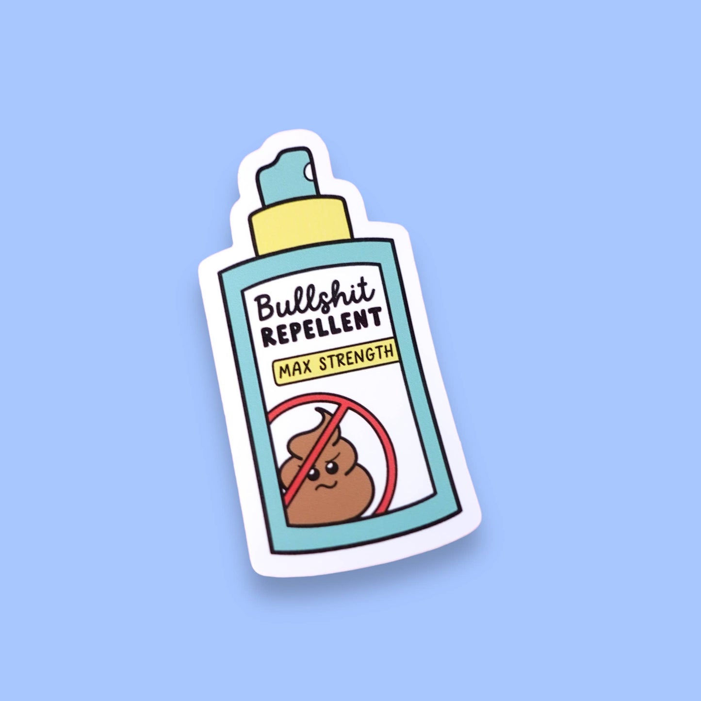 Sunshine Lane Bullshit Repellent Sticker, witty bug spray design, poop no symbol, waterproof glossy vinyl, 3x6.1cm
