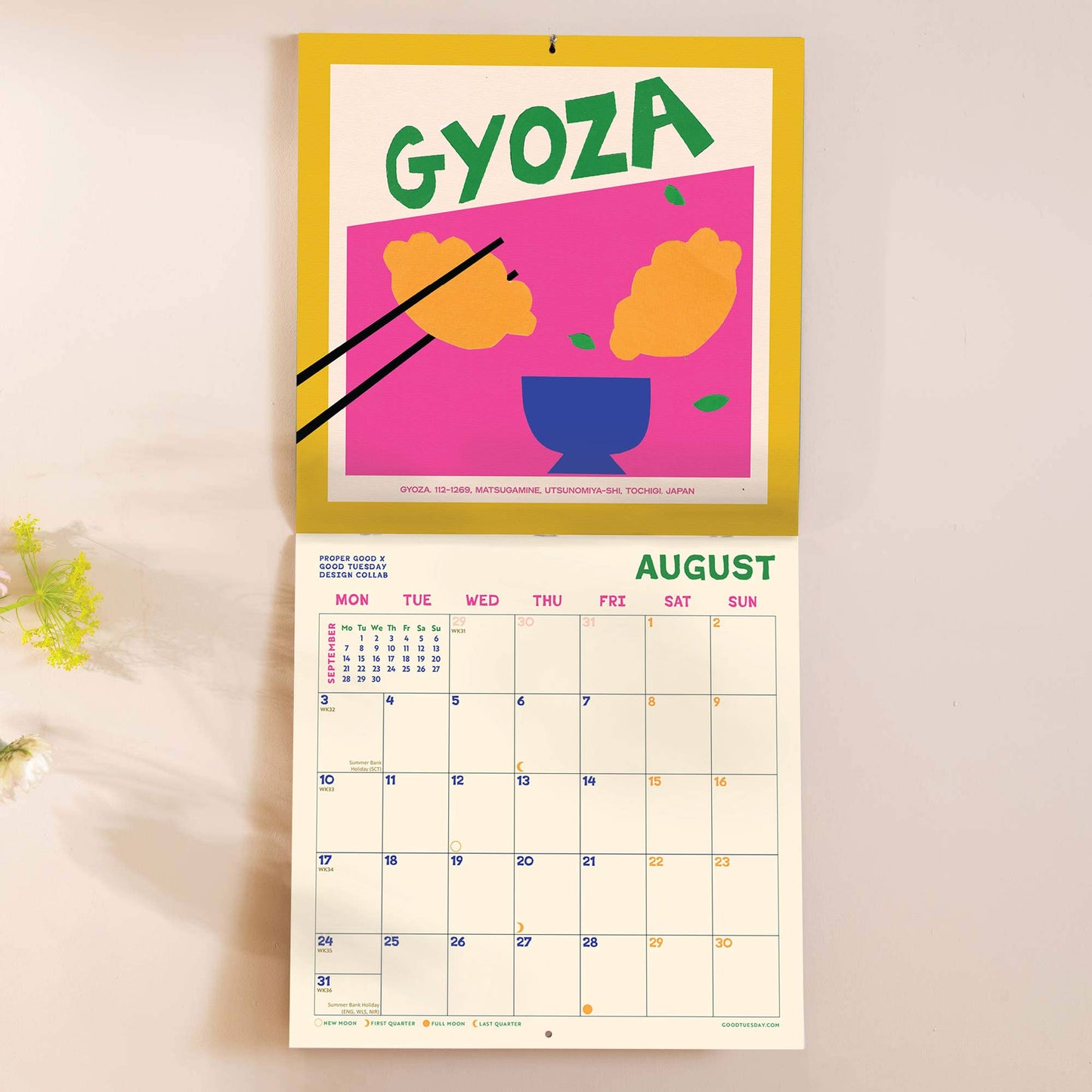 2026 Food Art Wall Calendar by Good Tuesday—bold monthly world cuisine illustrations by Abbie Franks, large format, recycled, designed and printed in the UK.
