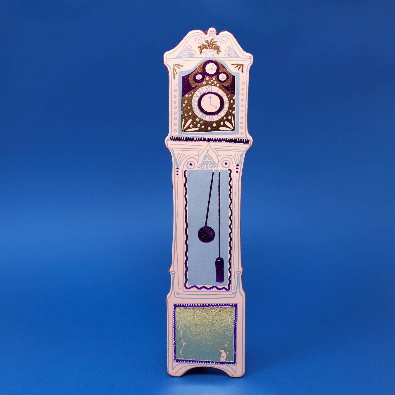 Sustainably sourced genuine leather Grandfather Clock Bookmark by Ark Colour Design with foil embossing, UK made