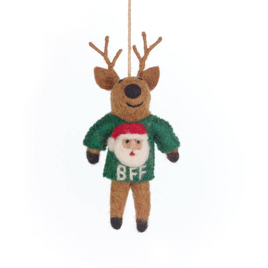 Handmade felt BFF Reindeer hanging Christmas decoration by Felt So Good, sustainable wool with green jumper featuring Santa face and BFF sentiment, eco-friendly