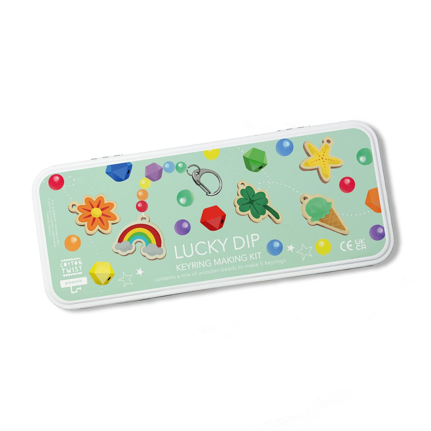 The Lucky Dip Keyring making kit is a wonderful plastic free activity. It offers a selection of wooden fobs to include a clover, flower, starfish, ice cream & a rainbow, allowing children to create 5 keyrings. The kit also comes with rainbow coloured spacer geometric beads to complement the showpiece beads for vibrant accessories!