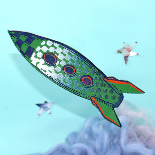 Close-up of Rocket Leather Bookmark, showing shiny and matte foil detail