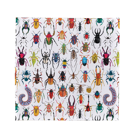 Buzz with style wearing this quirky handkerchief pocket square crawling with 30 whimsically colourfully illustrated insects in a fun repeat pattern! 35cm by 35cm. Designed and made in the UK.