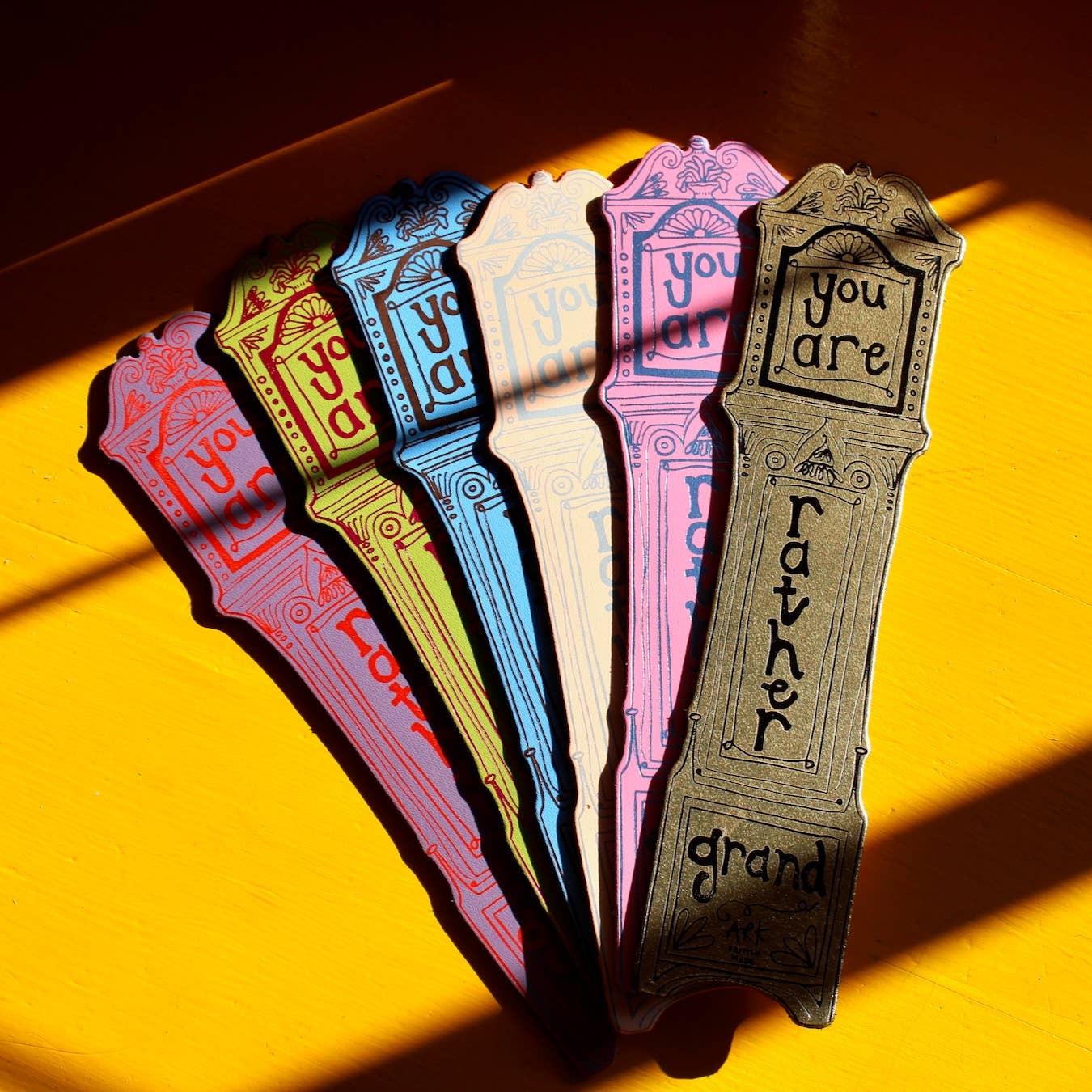 Sustainably sourced genuine leather Grandfather Clock Bookmark by Ark Colour Design with foil embossing, UK made