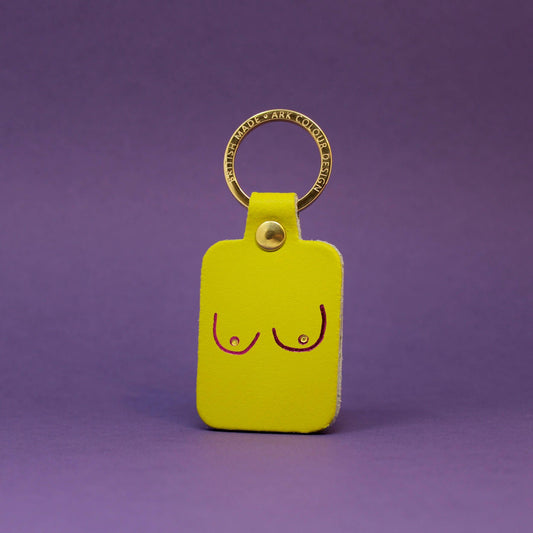 Playful boob-shaped leather key fob, handcrafted in Scotland, close-up
