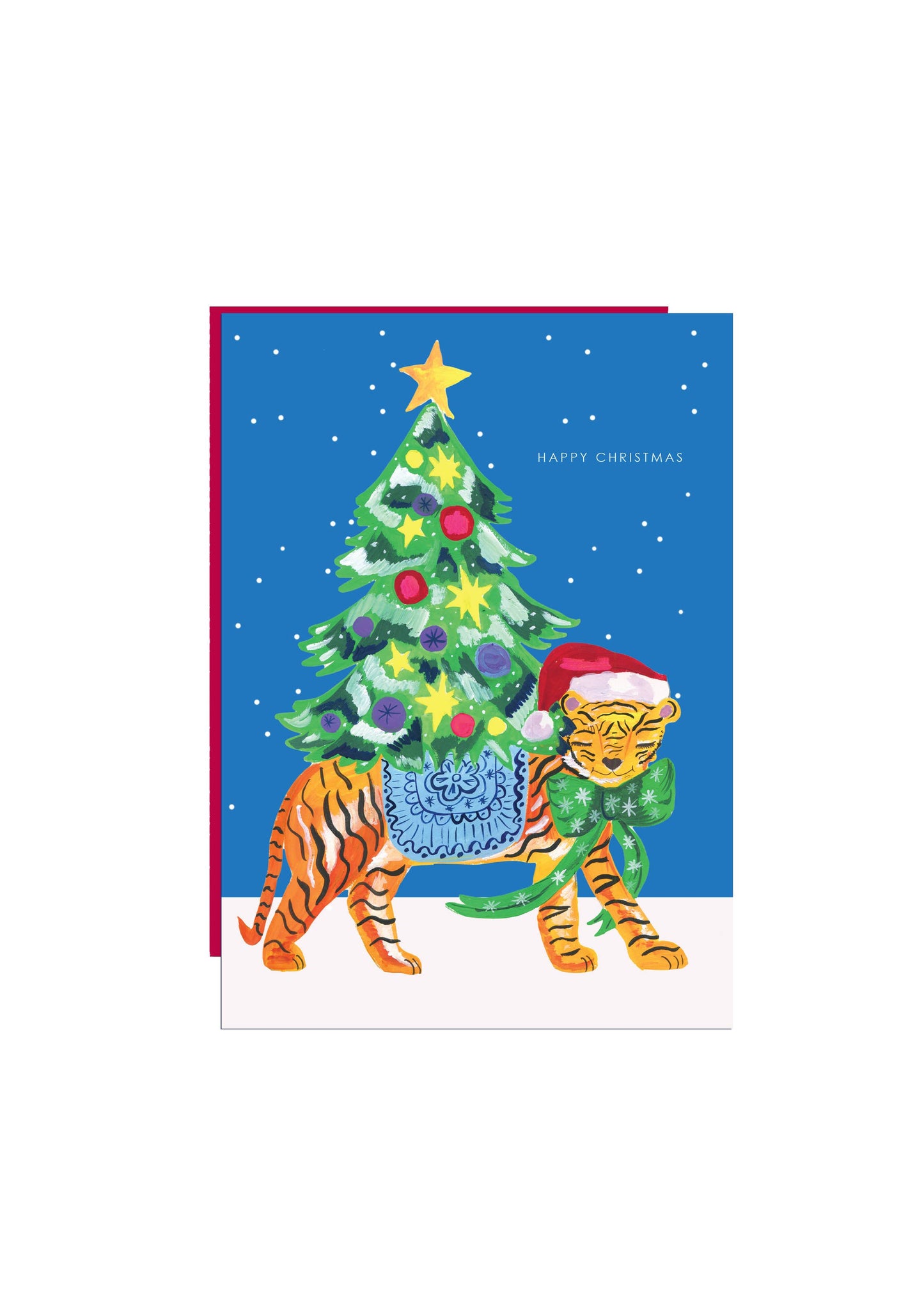 Hand-illustrated 'Tiger in Snow' Christmas card with festive tiger and decorated tree, 5x7”, red envelope, UK made, sustainable.