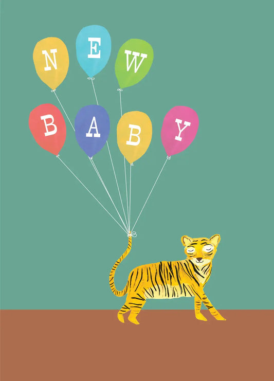 Hand-illustrated tiger holding balloons new baby card