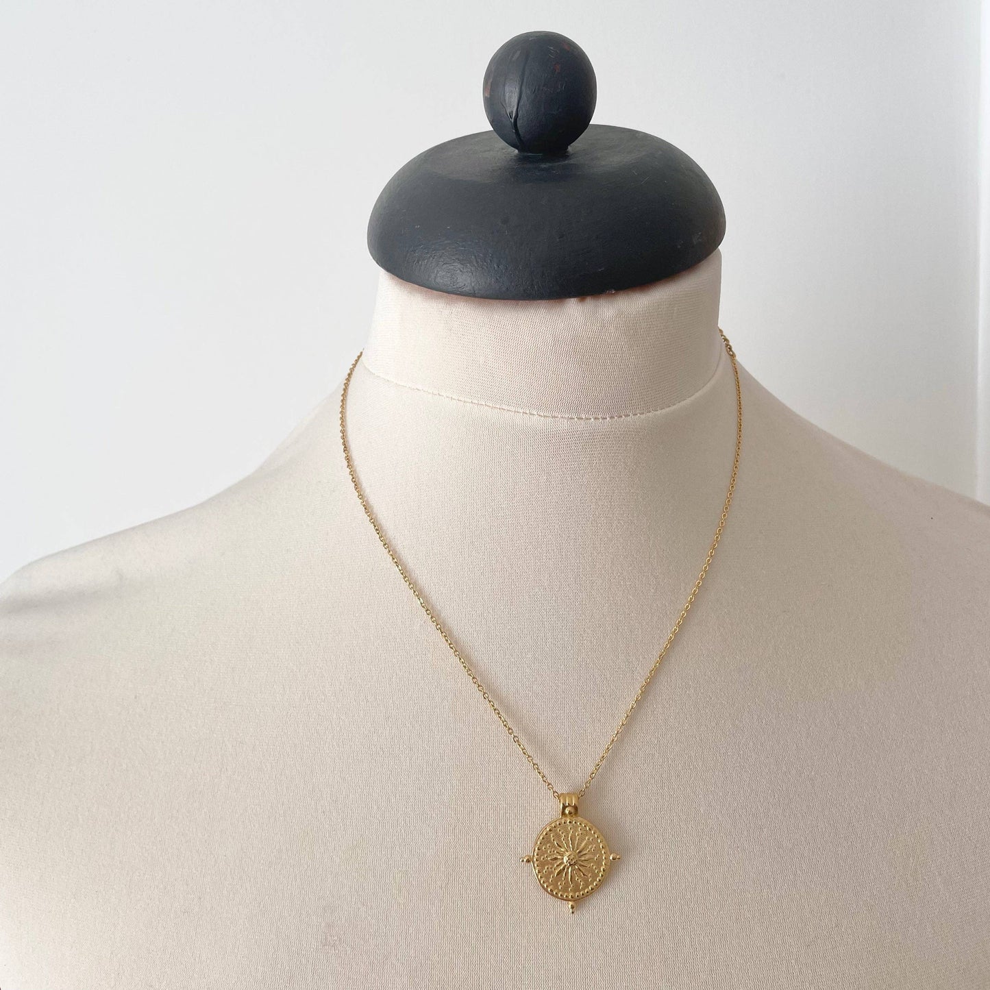 Little Nell Golden Coin Necklace, Model Wearing, Gold Plated Jewellery